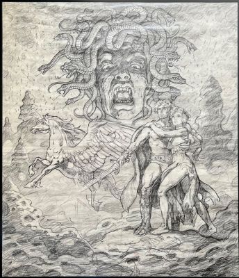 Lot 49 - Greg & Tim Hildebrandt — Clash of the Titans Final Movie Poster Preliminary - Final Sketch (1981) | Oberon Auctions