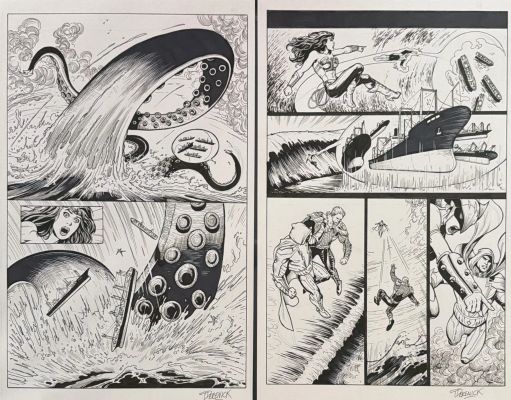 Tom Derenick | Injustice: Gods Among Us Year One Digital Chapter 11 Original Art Pair By Tom Derenick - Aquaman, Wonder Woman & Giant Kraken - Tom Taylor | ComicArtFans Classifieds