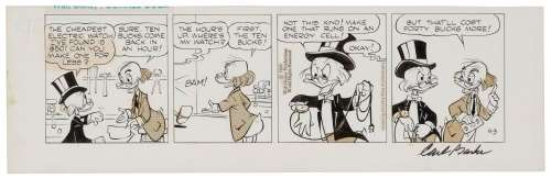 Carl Barks (1901-2000), "Scrooge McDuck" comic strip, 1969, Pencil, ink, and Zipatone on paper, Image: 5" H x 18" W; Sheet: 6.5" H x 21.125" W | misc / divers
