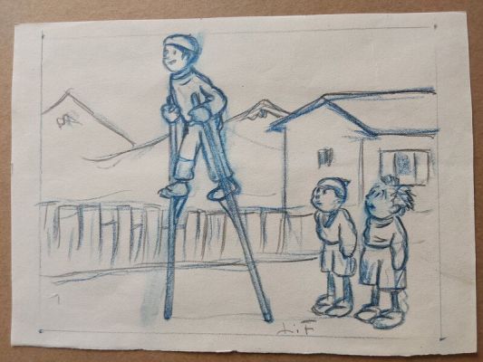 Louis Forton | Louis Forton enfant Bibi Fricotin échasse ,Joli Dessin Original Signé Préparatoire au Crayon Bleu Étude Bibi Fricotin 1 Année 20 | 2DGalleries