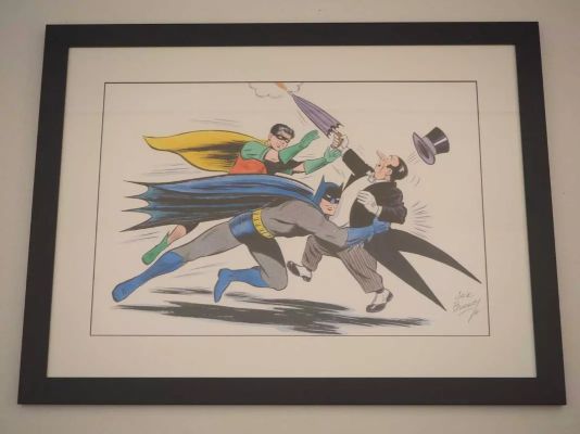 Lot 102 - JACK BURNLEY ORIGINAL ART - Original art depicting Batman and Robin fighting the Penguin - framed | Excalibur Auctions