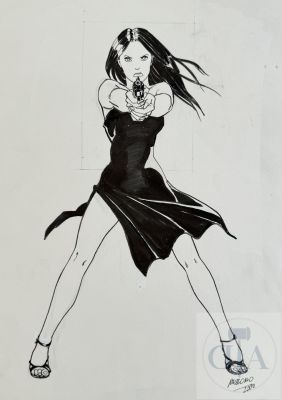 Mezzomo / Luka. Dessin original réalisé pour la couverture de l‘album T5 "Une balle dans la tête". Encre de Chine signé et daté 2000. Rare. TBE+. 30 X 42 cm - Lot 254 :