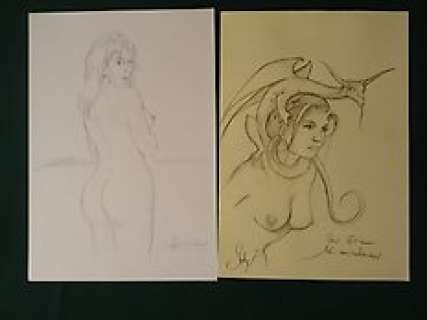 Eric Stalner + Jean-Marc Stalner - 1x Dessin original a la mine de plomb - Femme Nue + 1x Dessin original - Femme + Dragon - Loose page
