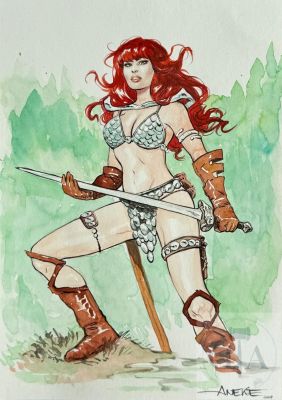 Aneke / Red Sonja. Dessin original de la belle héroïne réalisé à l‘encre de Chine et à l‘aquarelle. Signé et daté 2019. TBE+. Format A4 - Lot 670 : Aneke / Red Sonja. Dessin original de la belle héroïne réalisé…