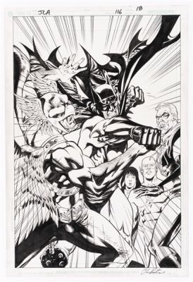 Lot 103 - JLA #116 SEPTEMBER 2005 ORIGINAL ART SPLASH PAGE BY CHRIS BATISTA.