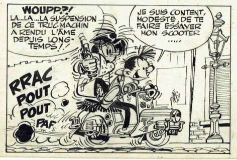 Franquin - Originele pagina 29A - Modeste et Pompon / Ton en Tineke - Ton en Félix op een scooter - (1959)