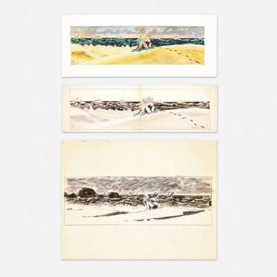 George Roussos | Lot 357 - Group of 3 ’Woman on Beach’ Original Art Illustrations | Landry Pop Auctions