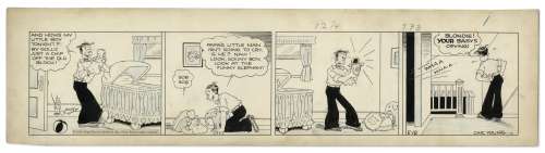 Chic Young Hand-Drawn ’’Blondie’’ Comic Strip From 1934 Titled ’’Resigned Ownership’’ -- Dagwood Copes With Fatherhood | Nate Sanders