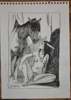 Les pionniers du nouveau monde - Crayon et eau - Carnet de dessins - Indienne regardant son cheval | Catawiki