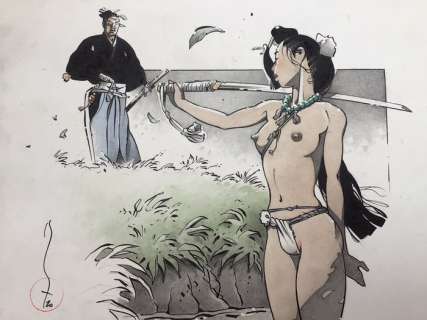 Michetz, Marc | Michetz, Marc - Dessin original couleur - Noyade d’une guerrière de Kogaratsu - (2021) | Catawiki