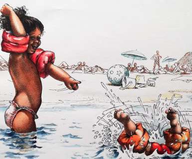 Claude Serre | Lot 87 « petits anges à la plage » planche Originale 1984 Rare signée (taille 29.5 x 24.5 cm) publiée album « Petits Anges » ET « Vacances en familles » | Serre