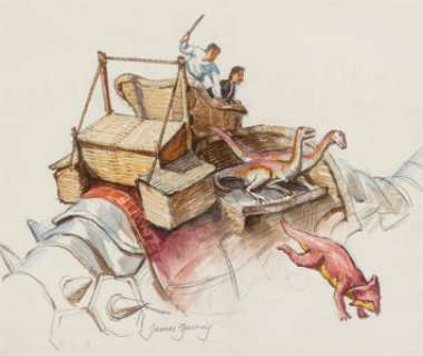  - James Gurney (American, b. 1958)
 "Bix Leapt Down from Her Perch,"Dinotopia interior illustration, 1992
 Oil and pencil ...