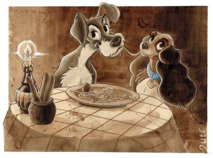 Guti, Coffee Artist | Lady and The Tramp "Spaghetti Kiss" Scene - Original Coffee Painting - Guti Signed - Original Coffee Art | Catawiki