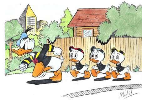 Millet | . Donald, Huey, Dewey & Louie Duck - Millet - Original Drawing - EO | Catawiki