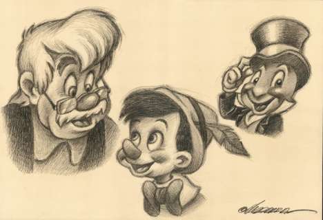 Joan Vizcarra | Pinocchio, Geppetto & Jiminy Cricket Portraits - Original Drawing - Joan Vizcarra - 48 x 32 cm - Pencil Art | Catawiki