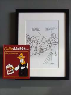 Aaargh... (Mario de Koninck) | AAaRGh... (Mario De Koninck) INGEKADERDE originele cartoontekening + album met dédicace - CulinAAaRGh... op restaurant - (2021) | Catawiki