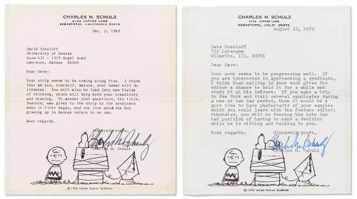 Charles Schulz Lot of Two Letters Signed, Giving Guidance to a Young Comic Artist -- ’’...the title, Peanuts, was given to the strip by the syndicate when it first began...’’ | Nate Sanders