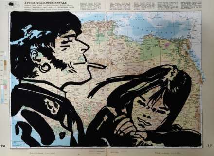 Boriani, Andrea | Boriani, Andrea - Corto Maltese - Original drawing - su cartina geografica anni 70 | Catawiki