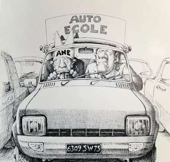 Claude Serre | « AUTO ECOLE » – planche originale encre de Claude Serre signée parue 1977 dans album « AUTOMOBILE » | Serre
