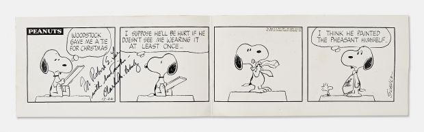 Original Charles Schulz Hand-Drawn ’’Peanuts’’ Comic Strip -- Snoopy Reluctantly Wears a Necktie Given to Him by Woodstock for Christmas | Nate Sanders