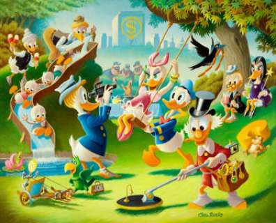 Carl Barks Holiday in Duckburg Painting Original Art (1989). A city park is filled with tail-feathered townsfolk, - | Heritage
