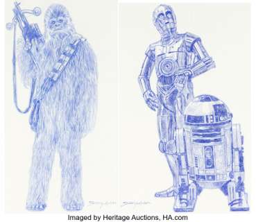 Sanjulián (Manuel Pérez Clemente) - C-3PO / R2-D2 and Chewbacca Illustrations Original Art Group of 2 (undated). (Total: 2 Original Art)