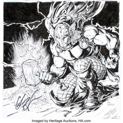 Freddie E. Williams II The World According to Thor Cover Original Art Signed by Chris Hemsworth (Marvel/Simon & Schuster, 2015).