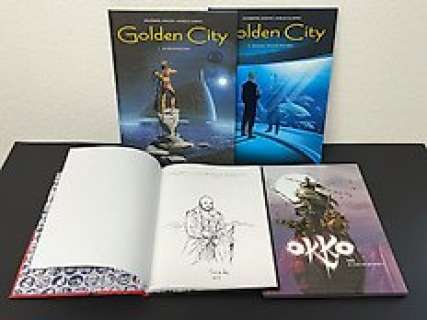 Okko signiert von Hub - Claire Dewitt mit Originalzeichnung von Fred De Heij - Golden City 1 und 2 mit Signatur von Nicolas Malfin - 4 Commission Drawing, Signed comic