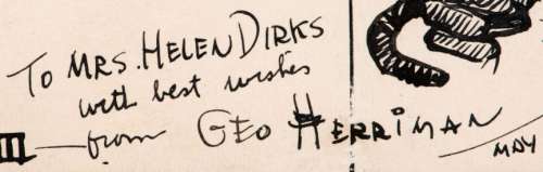 KRAZY KAT 1916 ORIGINAL ART FOR SECOND SUNDAY PAGE EVER DRAWN- SIGNED TO RUDOLPH DIRKS‘ WIFE. 