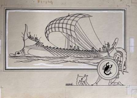 Hergé / Jacobs, E.P. - 1 Dessin original + certificat - Tintin - Voir et savoir - La Marine : La trière Grecque - 1946 | Catawiki