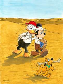 Jordi Juan Pujol - Mickey Mouse, Donald Duck & Pluto - Tribute to Tintin - Watercolour Painting - Original Artwork | Catawiki