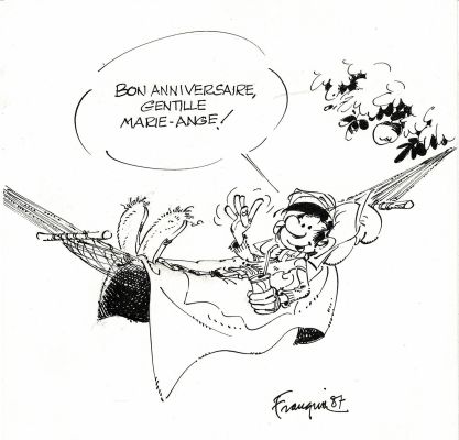 André Franquin - Lot 364 - Gaston Lagaffe dans son hamac, dessin original à l’encre de chine.