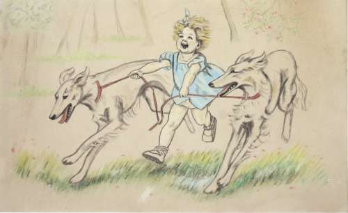 Â« Fillette et ses deux chiens Â». Dessin Ã  la mine de plomb, fusain et | Tessier Sarrou