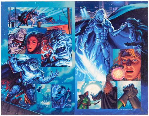 Lot 29 - THE BROTHERS HILDEBRANDT X-MEN 2099: OASIS #1 COMIC BOOK DOUBLE PAGE SPREAD ORIGINAL ART PAINTING. | Hake’s