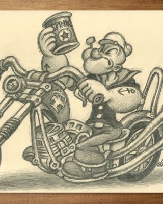 Joan Vizcarra Crayon original - Popeye on Classic American Motorcycle – Hand Signed | Catawiki