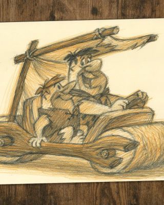 Vizcarra - Les Pierrafeu : Fred et Barney dans le Flintmobile - Hand Signed - Original Pencil Artwork | Catawiki