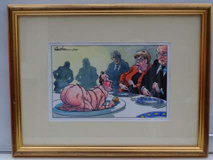 DAVE BROWN: Black and white - Framed and Glazed Original Cartoon Artwork Cameron and Merkel) - | Excalibur Auctions