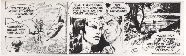 Dan Barry E Bob Fujitani | Striscia originale Flash Gordon (King Features Syndicate, 14/10/1983). Cm. 36 x 11. Firmata Barry & Fujitani. | Art e Fumetto