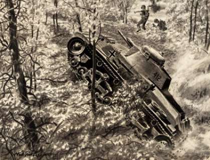 Noel Sickles Disabled Tank in Woods Original Illustration (1940s).... | Heritage