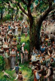John Berkey "Colonial Thanksgiving" Painting Original Art (undated). A crowded celebration set in - | Heritage
