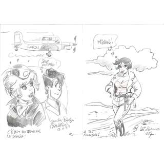 Walthery (Né En 1946) Et Di Sano (Né En 1951) . | Natacha et l’aviatrice. Dessin. Crayon et encre. Dimensions : 29,7 x 42 cm. Signé avec envoi. | HVMC