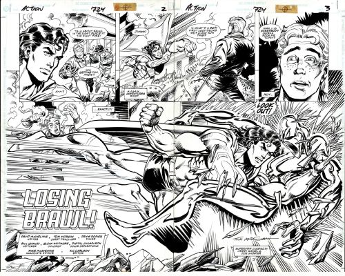 Denis Rodier, Tom Morgan | Action Comics #724 P 2-3 Double Splash (Awesome Spread with Superman Saving Jimmy Olsen & Blasting Carnage’s Cousin!) 1996 | Romitaman