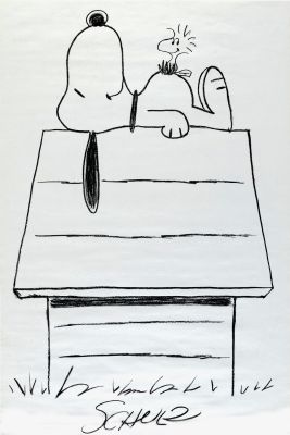 Charles Schulz - Snoopy in His Most Classic Dog House Pose (With Woodstock) Huge 2 Feet By 3 Feet Drawing (1969-1970)