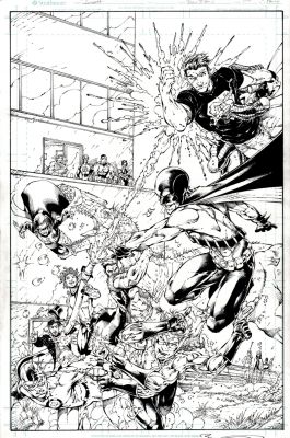 Brett Booth, Rob Hunter | Teen Titans #100 Published Anniversary Full Team Pinup! (17 Heroes Together Battling a Tyrannosaurus Rex!) 2011 | Romitaman