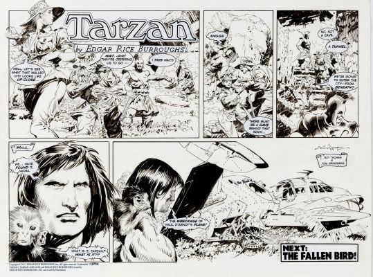 Tom Grindberg | Tarzan Sunday Comic Strip (5 Large Panels Tarzan & Chimp Finds Destroyed Plane!) 2013 | Romitaman
