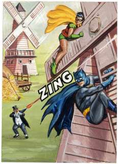 BATMAN 1966 TOPPS BLUE BAT #18B "THE PENGUIN‘S PREY" TRADING CARD ORIGINAL ART LOT.