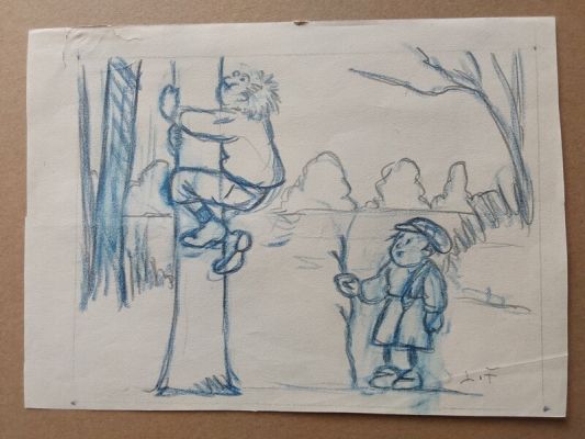 Louis Forton | Louis Forton enfant Bibi Fricotin Arbre ,Joli Dessin Original Signé Préparatoire au Crayon Bleu Étude Bibi Fricotin 2 Année 20 | 2DGalleries