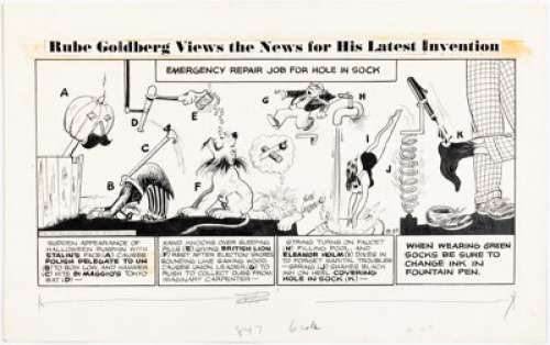 Goldberg, Rube - Rube Goldberg Rube Goldberg Views the News for His Latest Invention Daily Comic Strip Original Art dated 10-27-51 ...