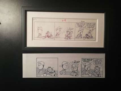 Davis, Jim - original prelim strip art for Garfield  strip January 14th 1985 - matted and framed - Page volante - art original | Catawiki