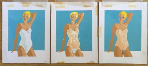 Veyron, Martin - 3x Dessin original couleur + tirages originaux d’imprimerie - Le Maillot de bain - (1982) | Catawiki
